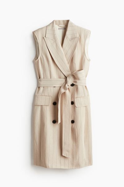 Linen-blend Jacket Dress - Light beige/pinstriped - Ladies | H&M US | H&M (US + CA)