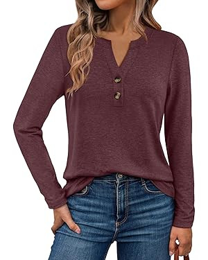 WYNNQUE Womens Long Sleeve Shirts Business Casual Outfits Dressy Tops Blouses Henley V Neck Fall ... | Amazon (US)