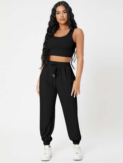 SHEIN Solid Crop Tank Top And Joggers Set | SHEIN