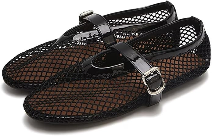 Mesh Ballet Flats for Women - Comfortable Fishnet Ballerina Flats with Buckle Strap, Wide Width R... | Amazon (UK)