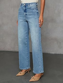 Jeans for Women Wide Leg High Waisted Trendy Strechy Straight Leg Loose Tummy Control Denim Pants... | Amazon (US)