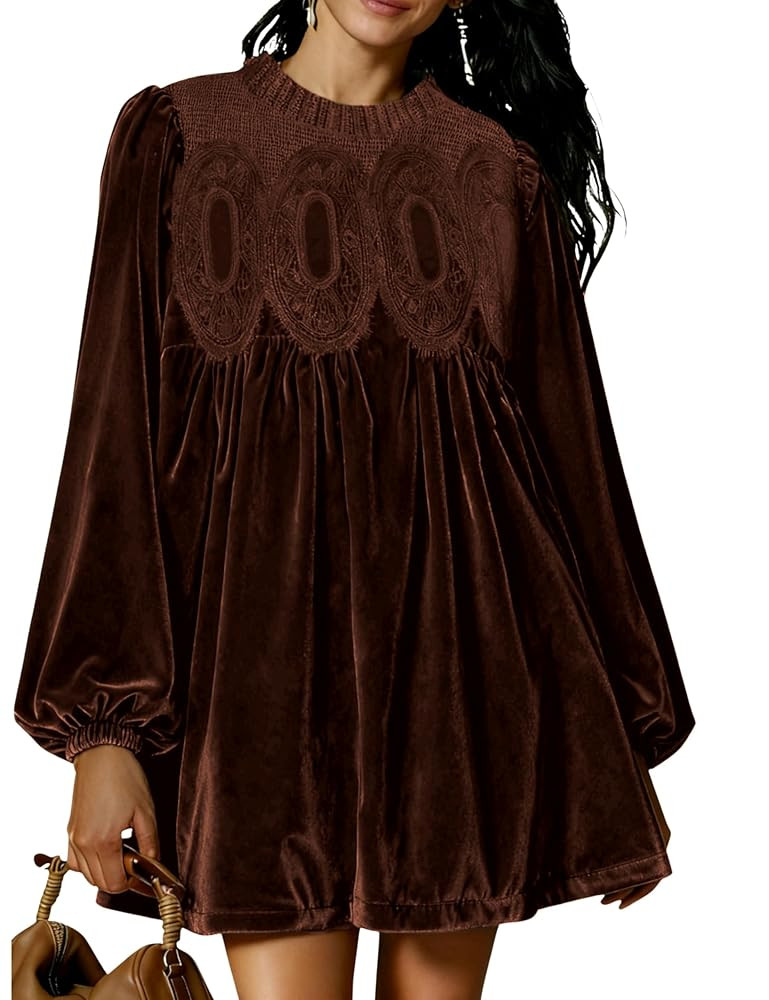 Womens A-Line Velvet Lace Overall Pleated Swing Babydoll Casual Skirtall Scallop Neck Flared Wedd... | Amazon (US)