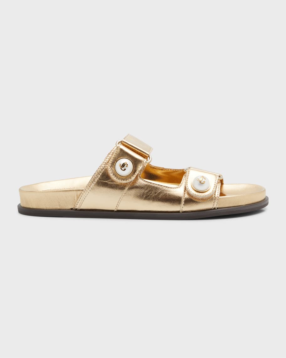 Jimmy Choo Fayence Metallic Pearly-Button Slide Sandals | Neiman Marcus