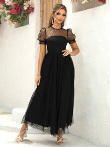 Joyfunear Puff Sleeve Dobby Mesh Overlay Dress | SHEIN