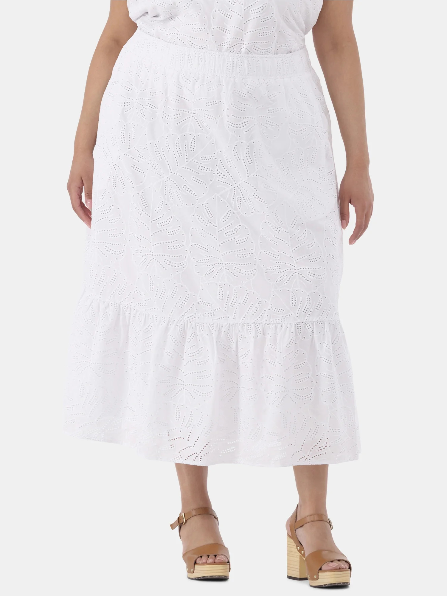 Time and Tru Women's and Women’s Plus Cotton Eyelet Tiered Midi Skirt, Sizes XS-4X | Walmart (US)