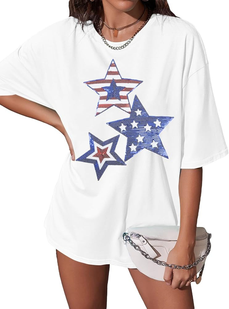 4th of July Shirts Women Patriotic Shirt American Flag Stars Tshirt Sequin Star Tops Oversized Gr... | Amazon (US)