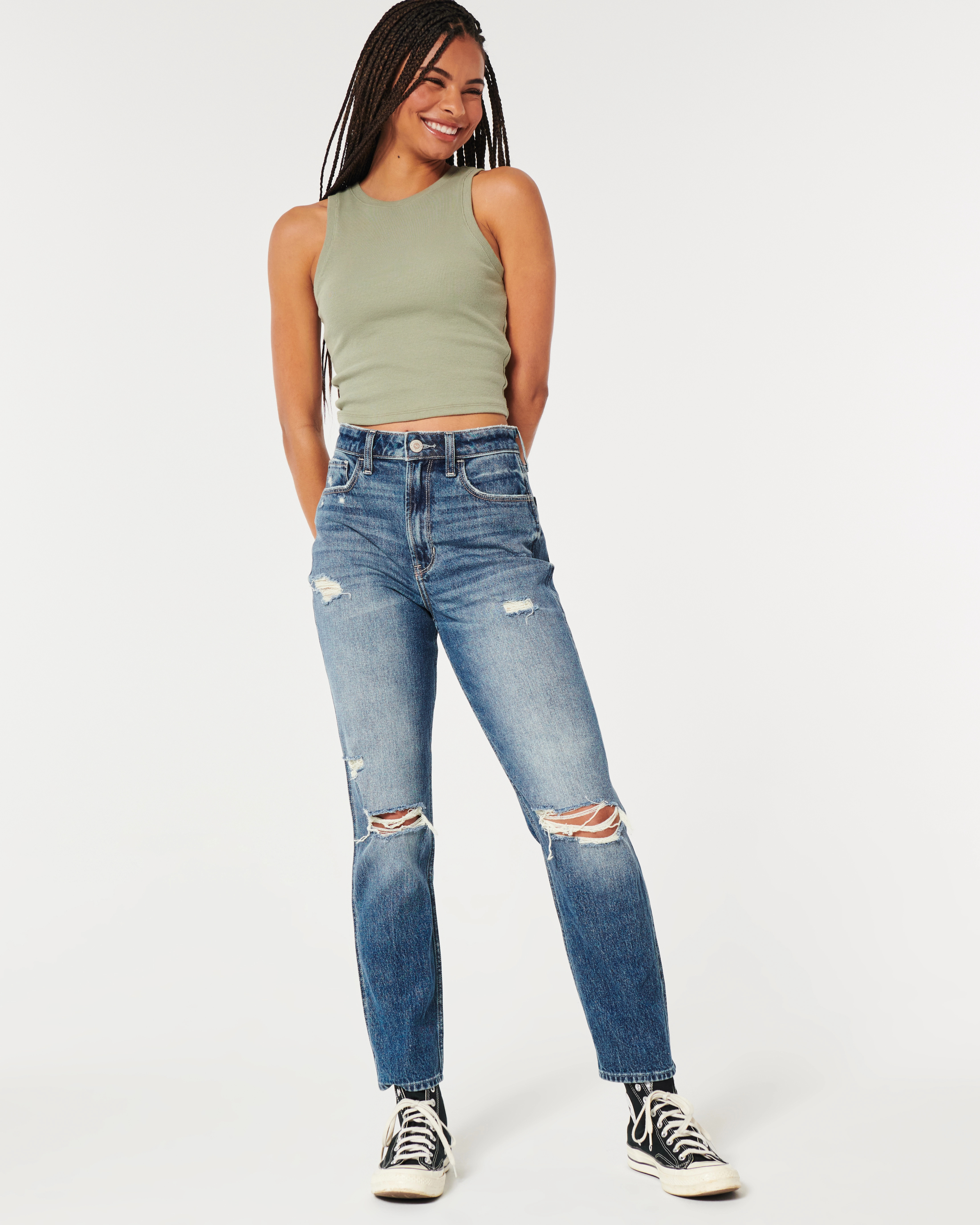 Ultra High-Rise Ripped Medium Wash Mom Jeans | Hollister (US)