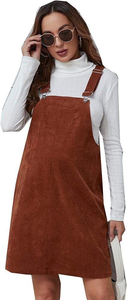 Romwe Women's Straps A-line Corduroy Pinafore Bib Pocket Overall Dress | Amazon (US)