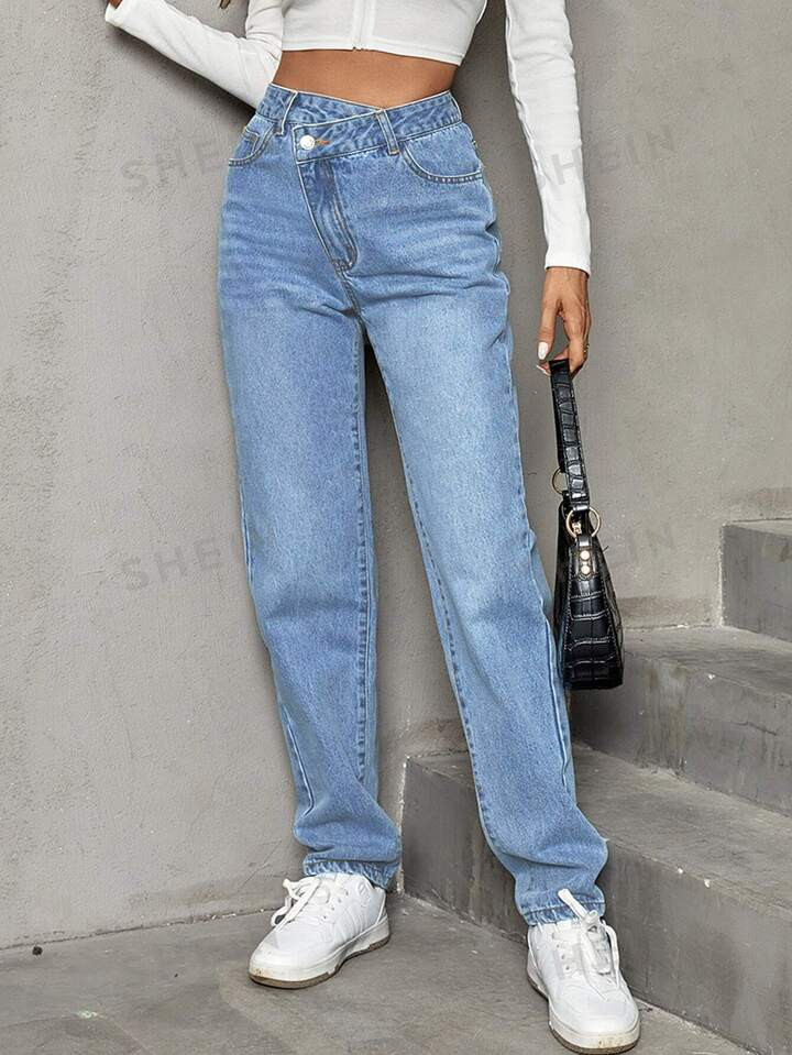 SHEIN Frenchy Stepped Waist Straight Leg Jeans | SHEIN