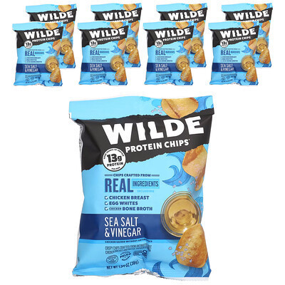 Wilde Brands, Protein Chips, Sea Salt & Vinegar, 8 Bags, 1.34 oz (38 g) Each | iHerb