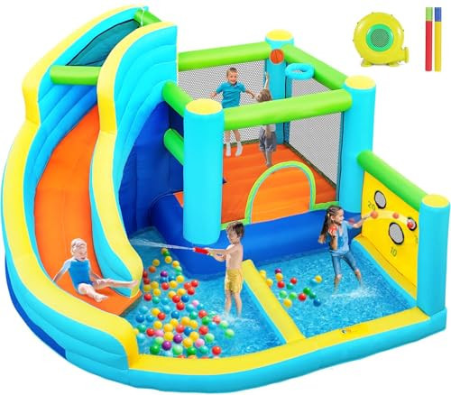 FBSPORT Inflatable Bounce House, Water Slide Park Slide Bouncer with Ball Shooting, Climbing Wall, Jumping and Splash Pool, Kids Bouncy Castle with 450W Air Blower for Outdoor Backyard | Amazon (US)