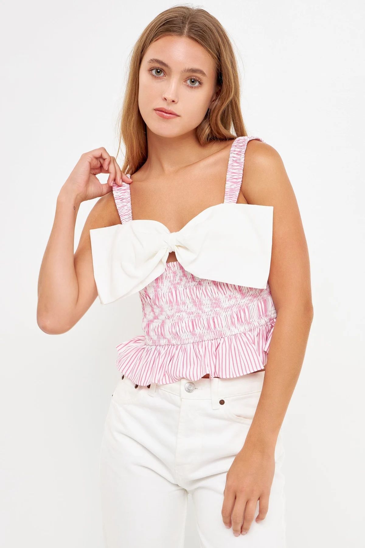 English Factory Contrast Bow Striped Top | Verishop