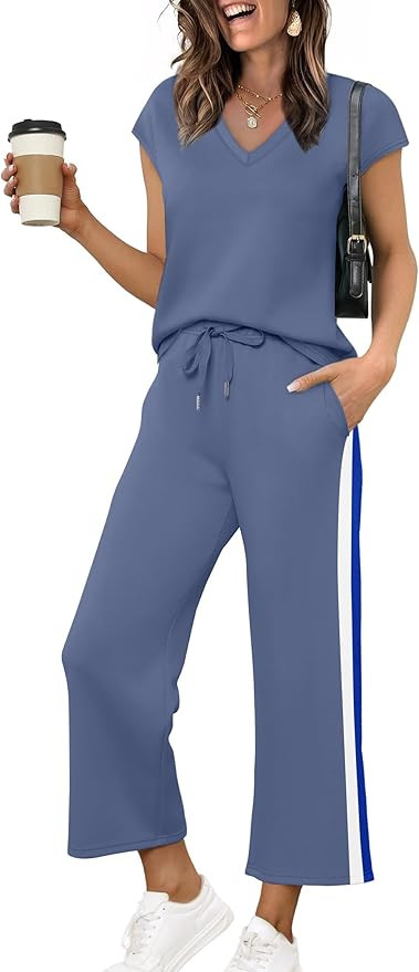 Saloogoe Two Piece Sets for Women Summer Outfits Lounge Sets V Neck Tops Wide Leg Pants Woman Vac... | Amazon (US)