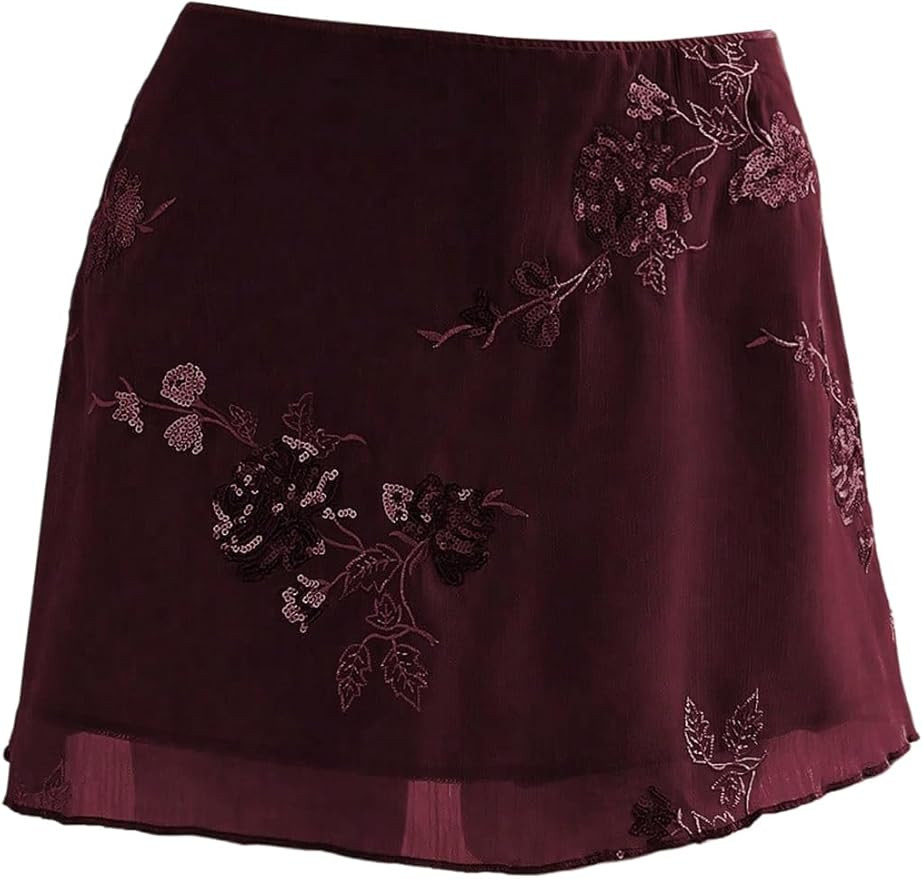 Floerns Women's Sparkly Sequin Mini Skirt Y2K Beaded Floral Embroidery Hip Skirts | Amazon (US)