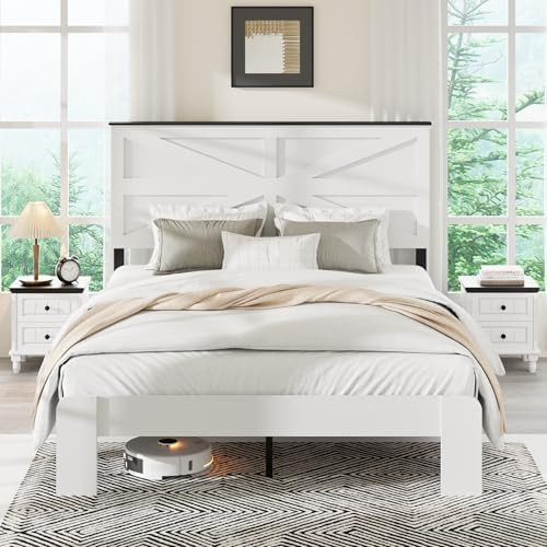 Farmhouse Queen Size White Wooden Bed Frame with Headboard, Boho Platform Bedframe, Sturdy Metal ... | Amazon (US)
