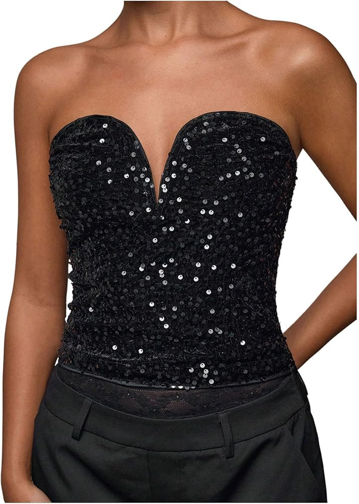 SweatyRocks Women's Sequin Tube Tops Sparkly Open Back Strapless Going Out Party Club Top Black S... | Amazon (US)
