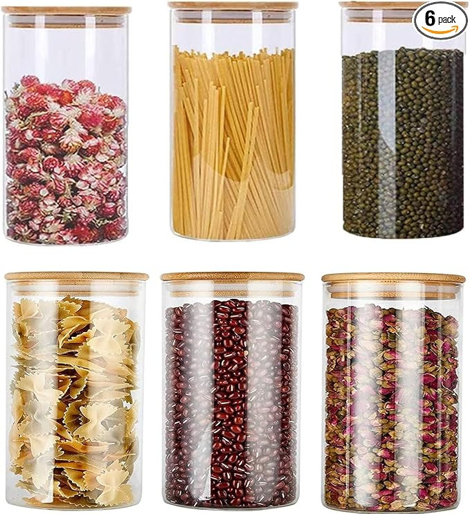 Glass Food Storage Jars Containers, 32oz Glass Storage Jar with Airtight Bamboo Lids Set of 6 Kit... | Amazon (US)
