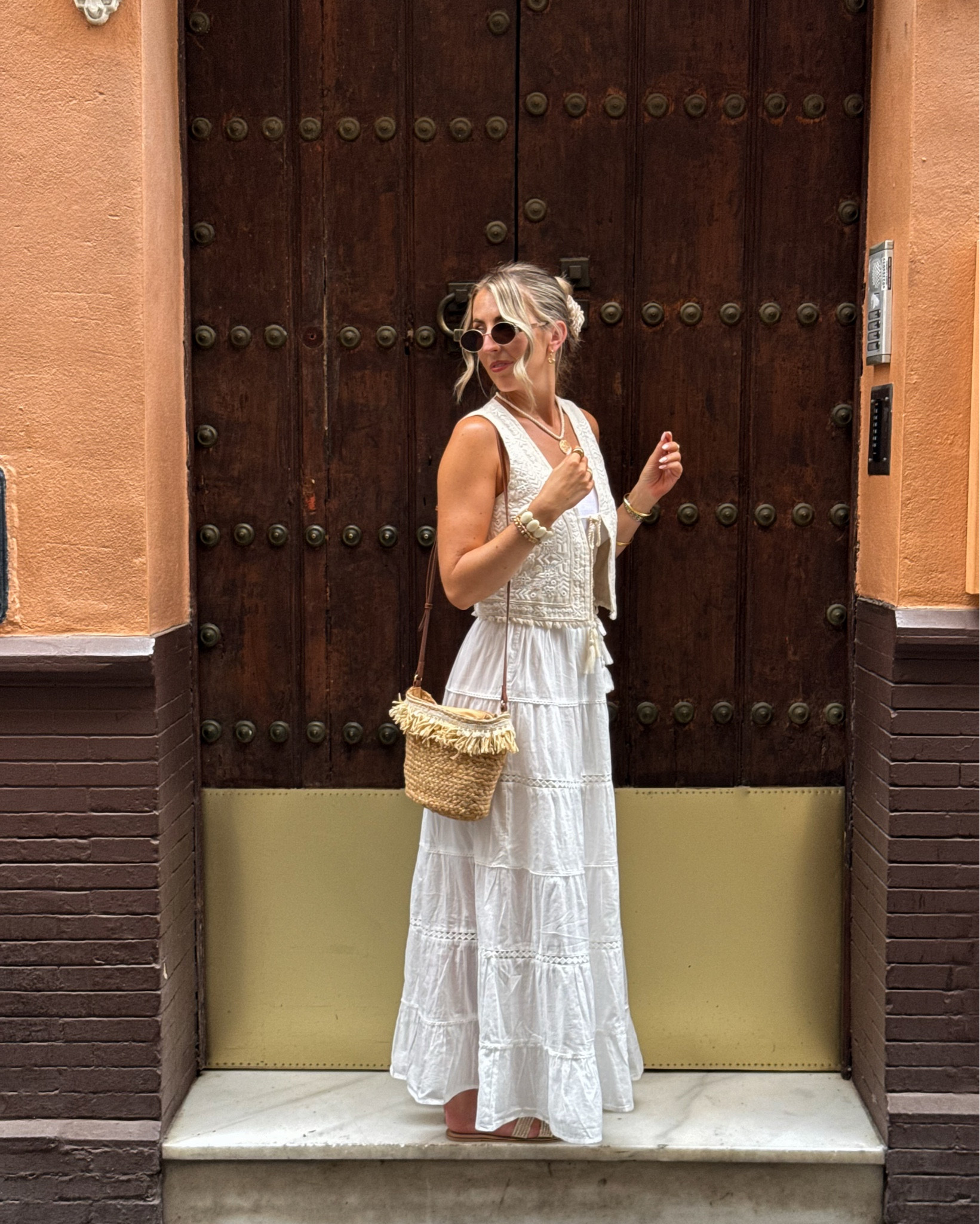 Boho summer outfit 🤍🐚✨

White tiered skirt, basket bag, waist coat, summer outfits, European summer 

#LTKsummer #LTKstyletip #LTKuk