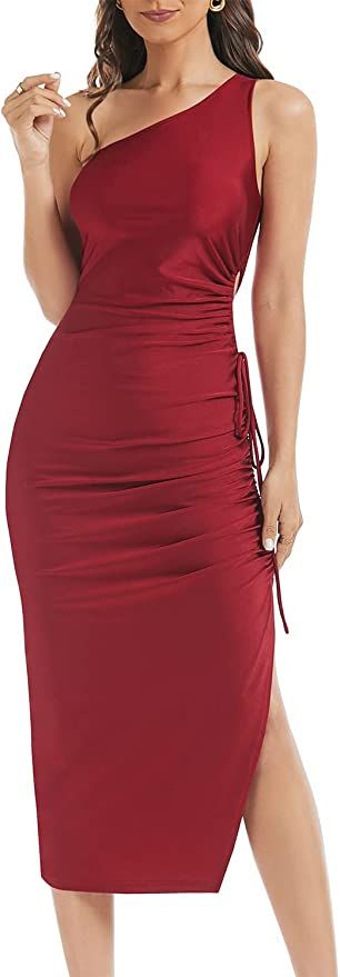HELYO Women's One Shoulder Dress Sleeveless Side Drawstring Cutout Ruched Sexy Slit Bodycon Cockt... | Amazon (US)