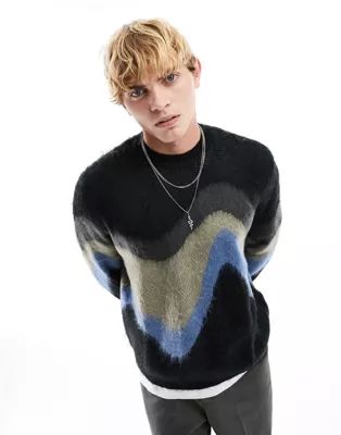 ASOS DESIGN relaxed knit fluffy sweater with blue wavy design | ASOS (Global)