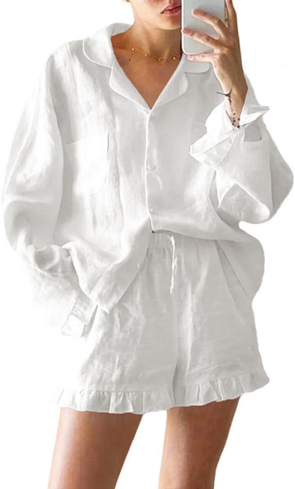 Womens Ruffle Pajama Sets 2 Piece Long Sleeve Button Down Shirt and Shorts Set Soft Cotton Lounge... | Amazon (US)