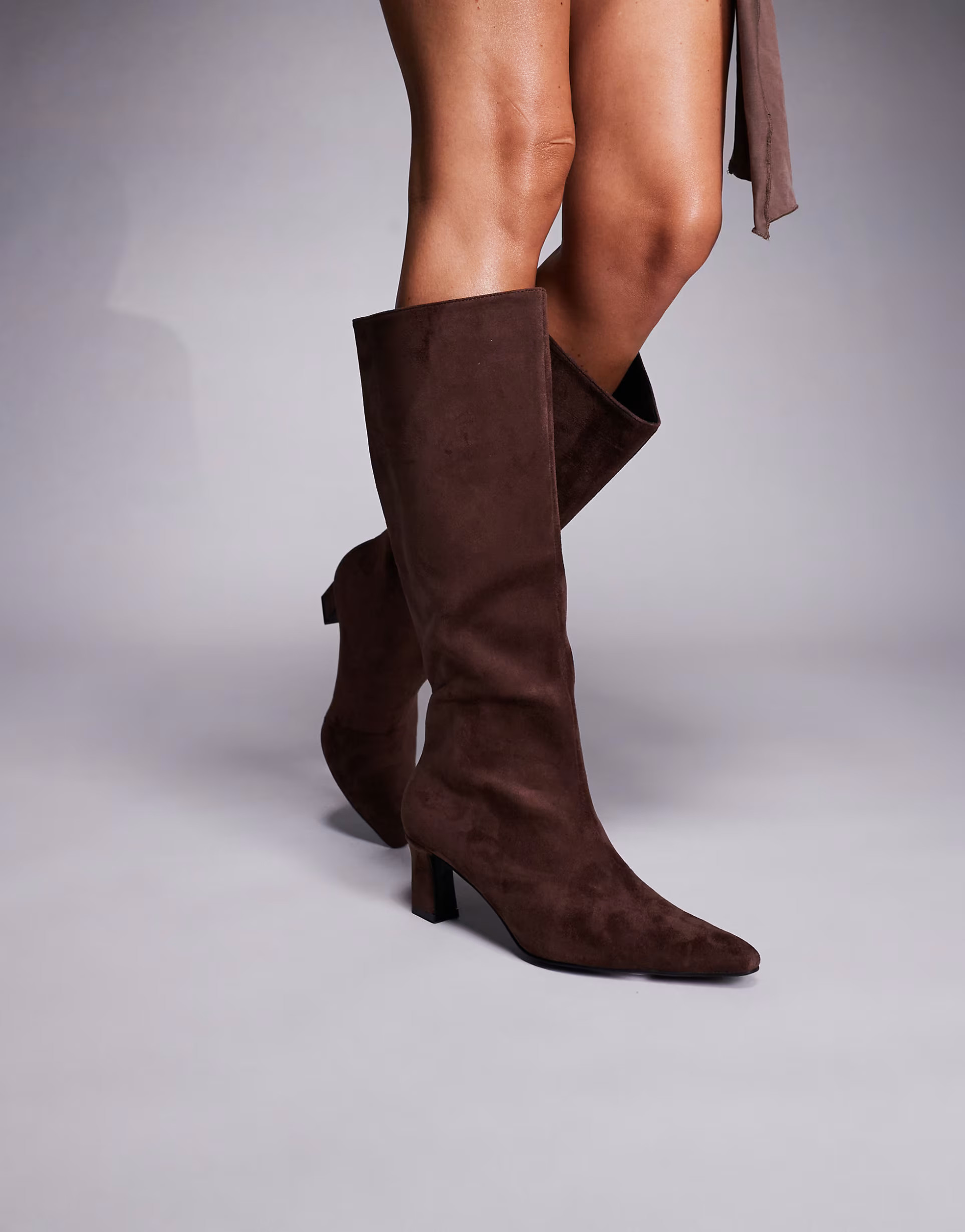 Public Desire Boomer heeled knee boots in brown faux suede | ASOS (Global)