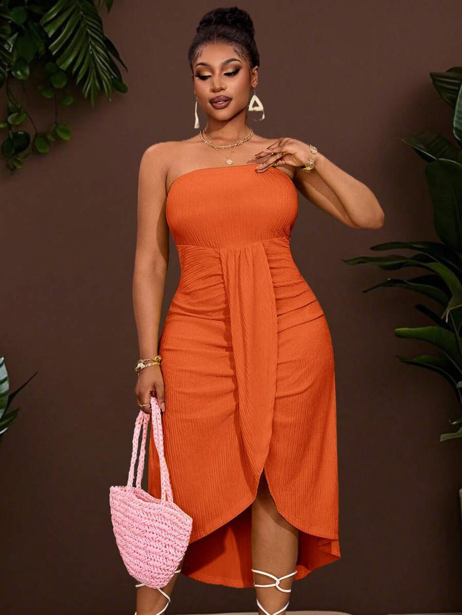 Slaydiva New Spring And Summer Casual Vacation Tube Top With Overlapping Pleat Design In The Fron... | SHEIN