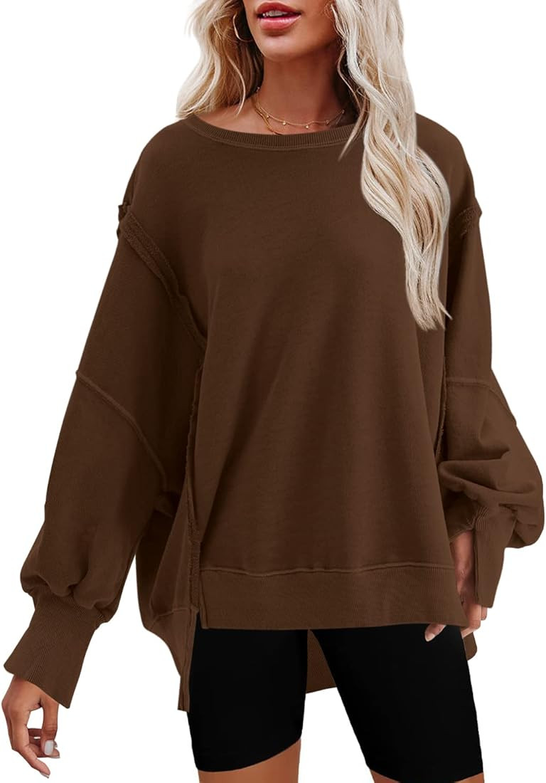 Nirovien Womens Oversized Crewneck Sweatshirt Side Slit Long Sleeve Pullover Slouchy Fit Tops | Amazon (US)