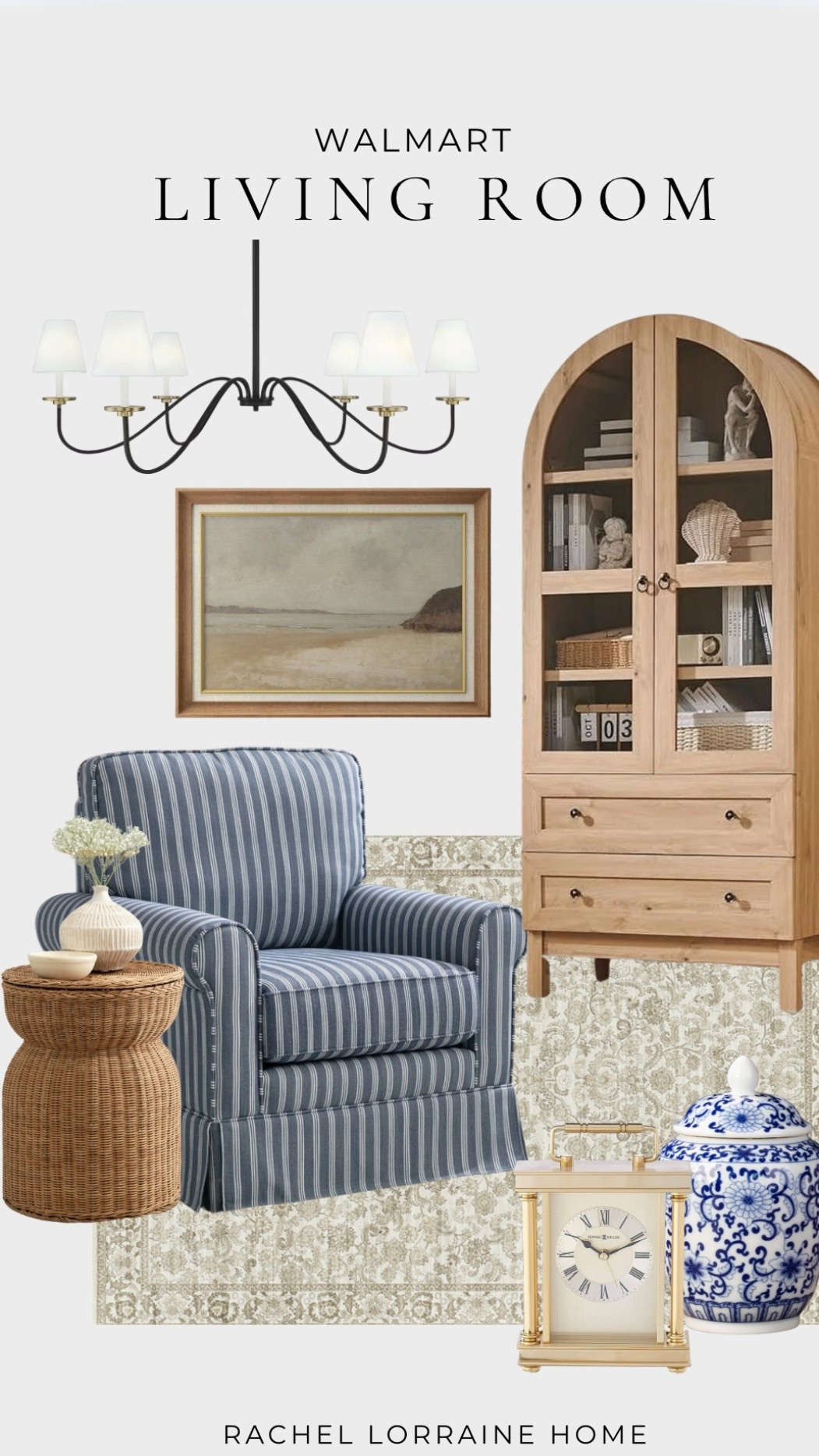 Walmart traditional coastal inspired living room. Arched natural wood cabinet, blue striped chair, rattan side table, coastal artwork, black transitional chandelier, ginger jar, and a soft neutral floral rug to ground it all. Shop these and other favorite Walmart decor below  