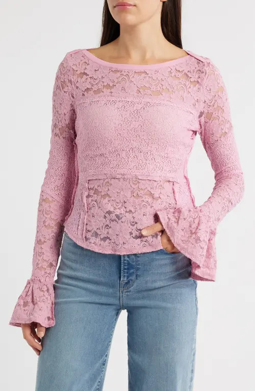Free People Bell Sleeve Sheer Cotton Blend Lace Top in Orchid Smoke at Nordstrom, Size X-Large | Nordstrom