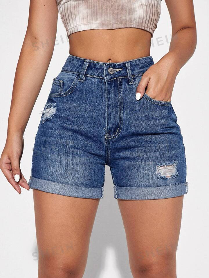 SHEIN Essnce Ripped Roll Up Hem Denim Shorts | SHEIN