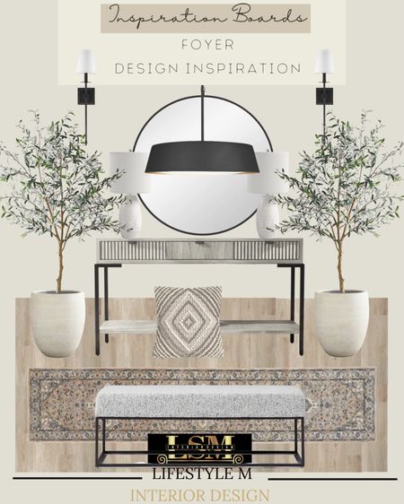 Foyer design inspiration. Recreate the look at home with these furniture and decor. Metal frame upholstered bench, foyer runner, wood floor tile, meta frame wood console table, throw pillow, white tree planter pit, faux fake tree, table lamp, black wall sconce light, foyer pendant chandelier, round mirror.

#LTKFind #LTKstyletip #LTKhome