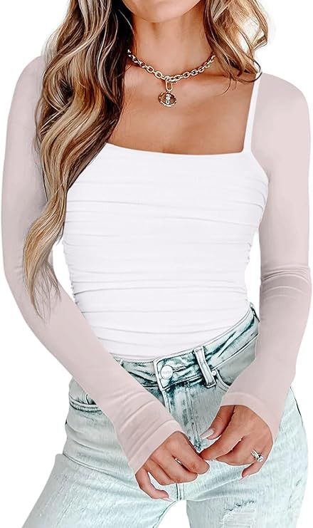 PINKMSTYLE Womens Square Neck Mesh Long Sleeve Bodysuit Shapewear Corset Tops Sexy Concert Outfit... | Amazon (US)