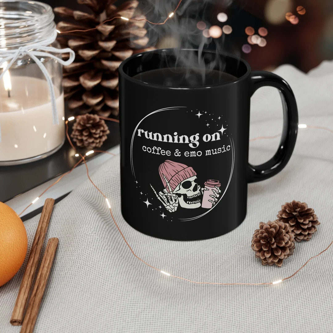 Running on Coffee and Emo Music 11oz Black Mug, Emo Coffee Mug, Emo Cup, Elder Emo Gift, Alternat... | Etsy (US)