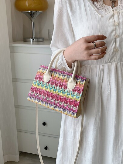 Mini Color Block Double Handle Straw Bag | SHEIN