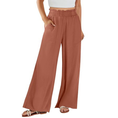 HKYNLAG High Waisted Palazzo Pants for Women Fashion Summer Ruffle Hem Wide Leg Pant Loose Fit Beach Vacation Boho Trousers Vermilion S | Walmart (US)