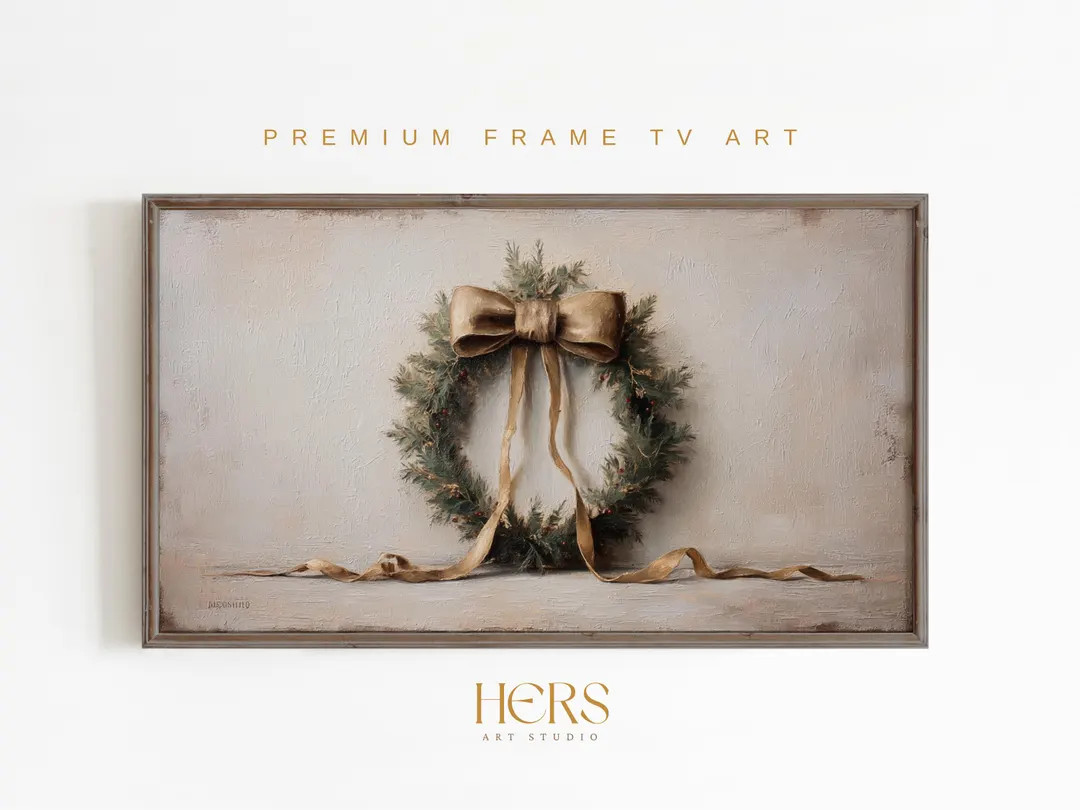 Neutral Christmas Wreath Frame TV Art: Gold Ribbon (digital Download) - Etsy | Etsy (US)