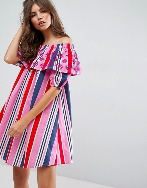 ASOS Stripe Off Shoulder Dress With Embroidered Ruffle | ASOS US