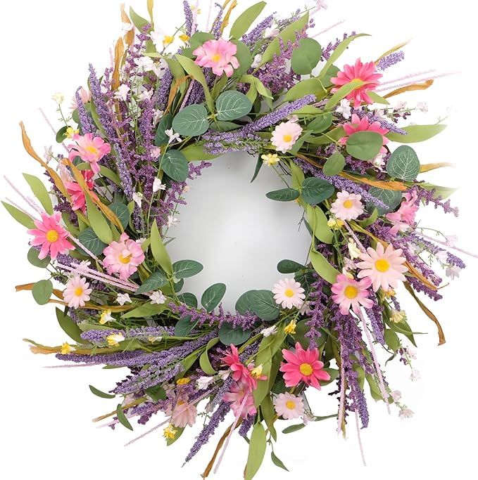 22inch Artificial Spring Wreath Lavender with Colorful Flowers,Green Leaves for Front Door Home W... | Amazon (US)