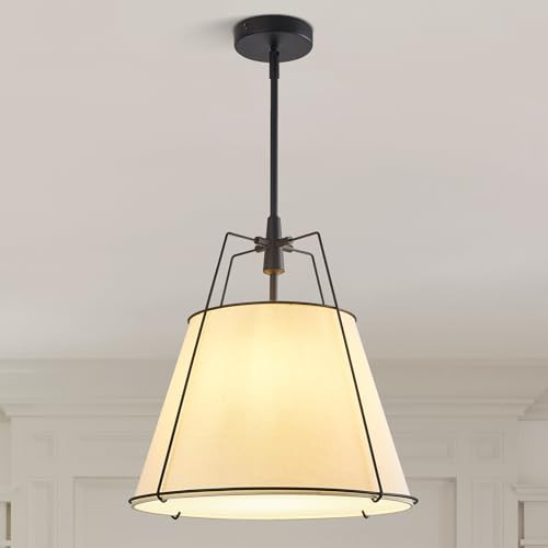 Modern Pendant Light Fixtures with 16" White Linen Fabric Shade, Adjustable Hanging Light Fixture... | Amazon (US)