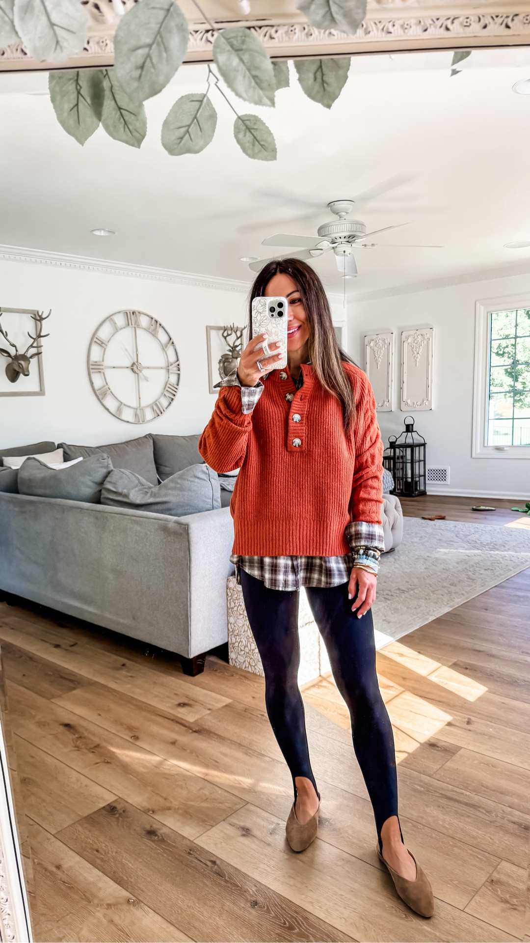 Stirrup leggings XS. Sweater small. Flannel shirt small. Target style.