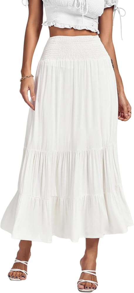 Umenlele Women's Casual Elastic High Waist A-line Tiered Ruffle Flounce Midi Long Skirt | Amazon (US)