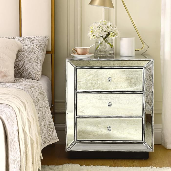 IKIFLY Mirrored Nightstand Bedside Table with 3 Drawers, Silver Modern End Table with Crystal Han... | Amazon (US)