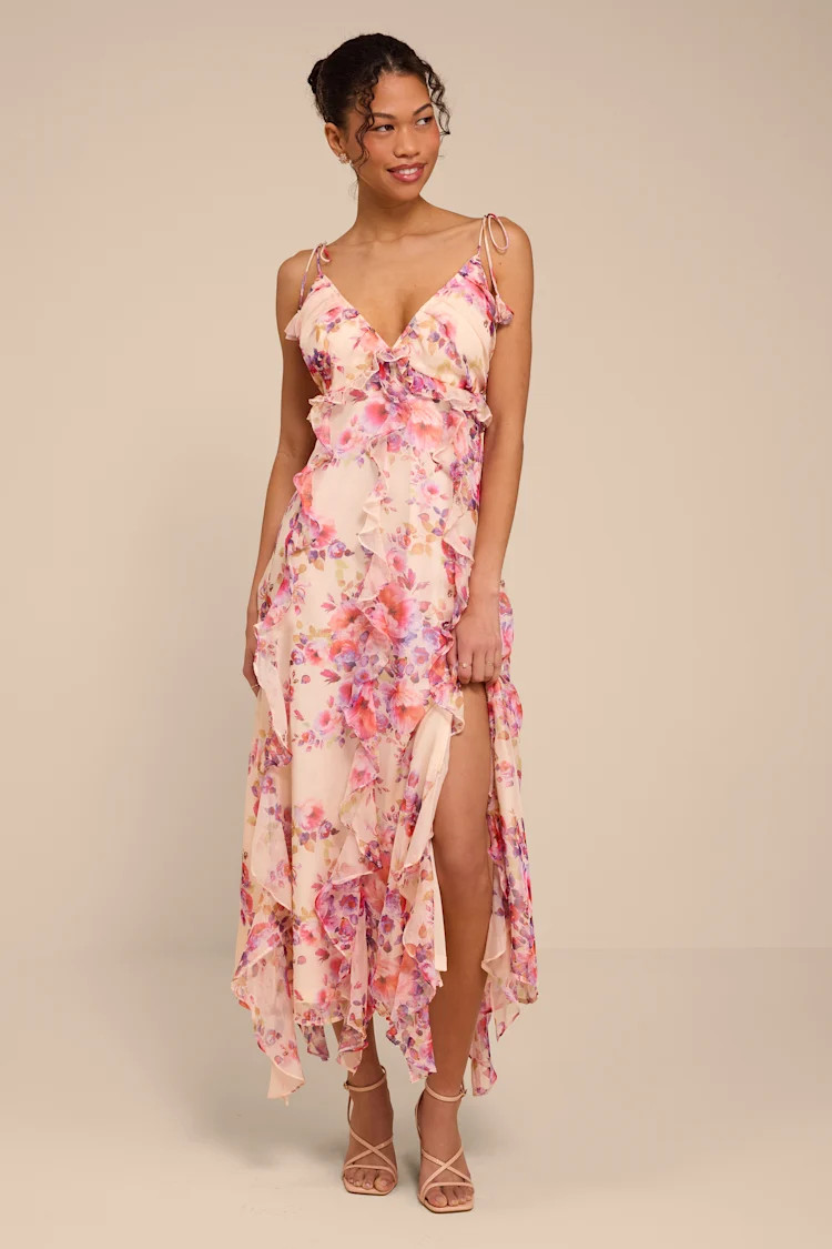 Rylee Cream Multi Floral Tie-Strap Midi Dress | Lulus