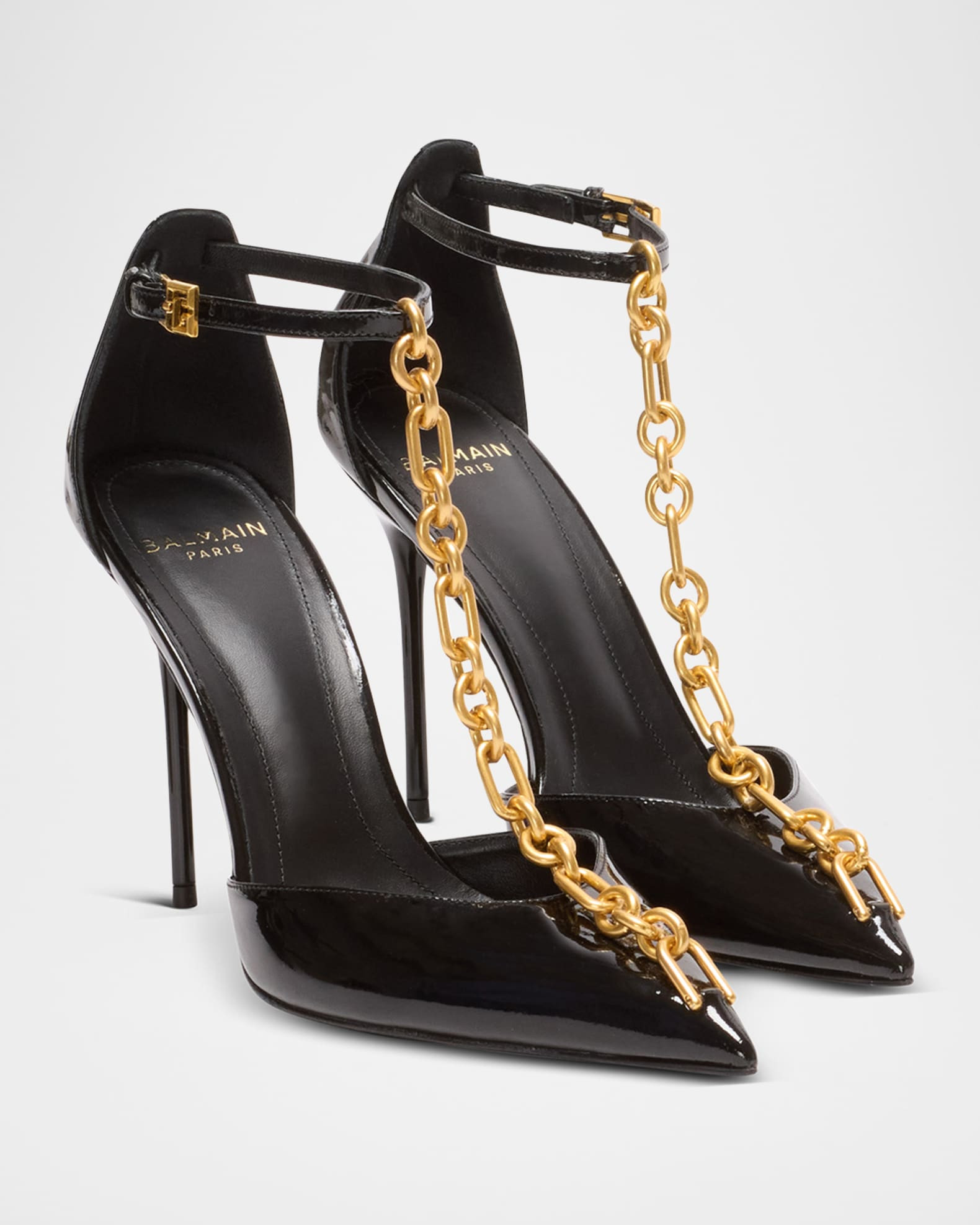 Balmain Sync Patent Leather Chain T-Strap Pumps | Neiman Marcus