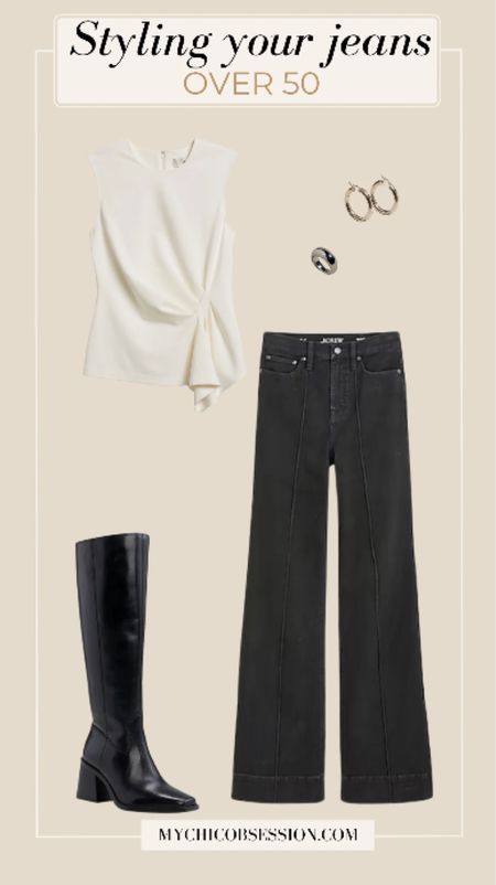 Starting off at the bottom, these black pin-tuck denim trousers work to elongate your figure with their design details and silhouette. 

On top, this ponte peplum top lends a modern touch. Classic knee high boots and silver jewelry round out the look.

#LTKstyletip #LTKover40 #LTKSeasonal