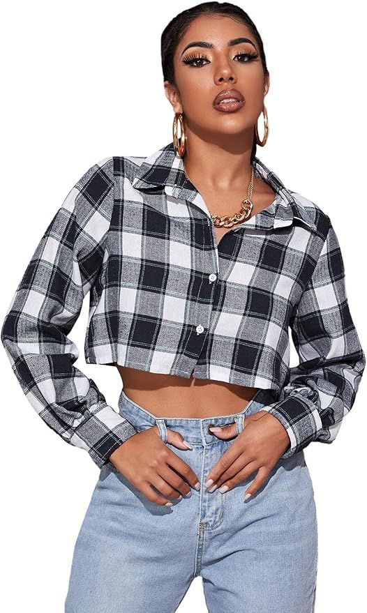 SweatyRocks Women's Plaid Long Sleeve V Neck Collar Button Down Blouses Crop Top | Amazon (US)
