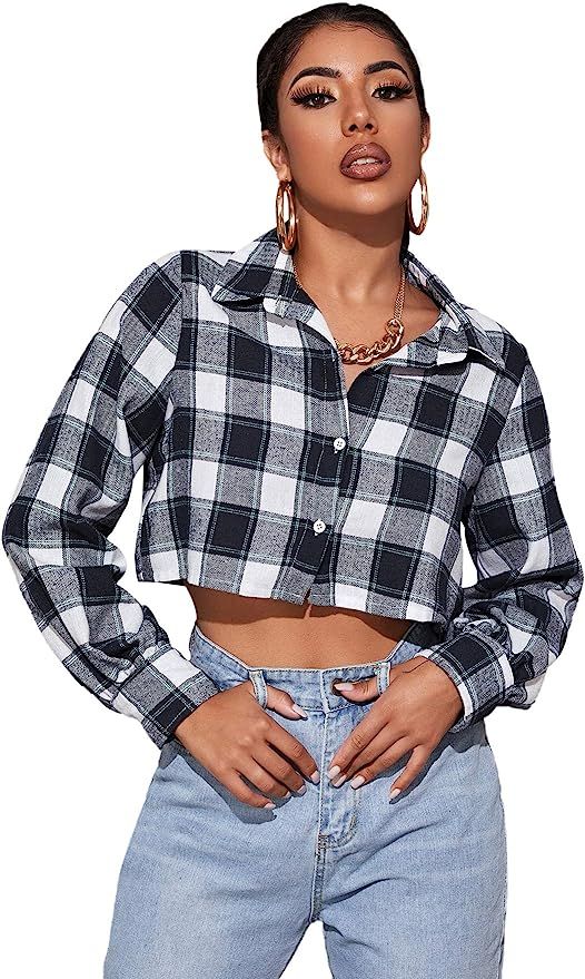 SweatyRocks Women's Plaid Long Sleeve V Neck Collar Button Down Blouses Crop Top | Amazon (US)