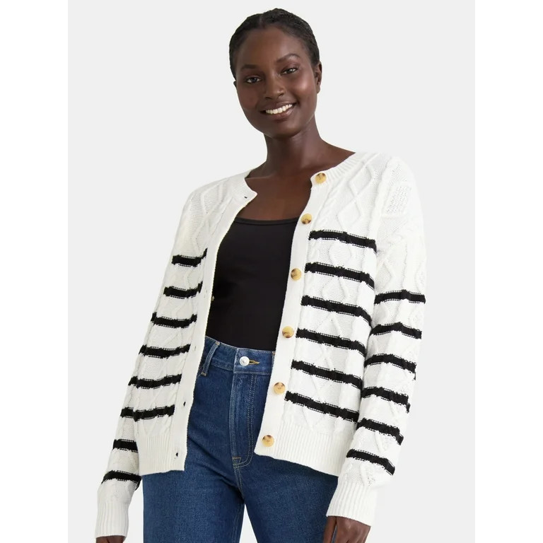 Time and Tru Women's Cable Knit Cardigan Sweater, Midweight, Sizes XS-XXXL | Walmart (US)