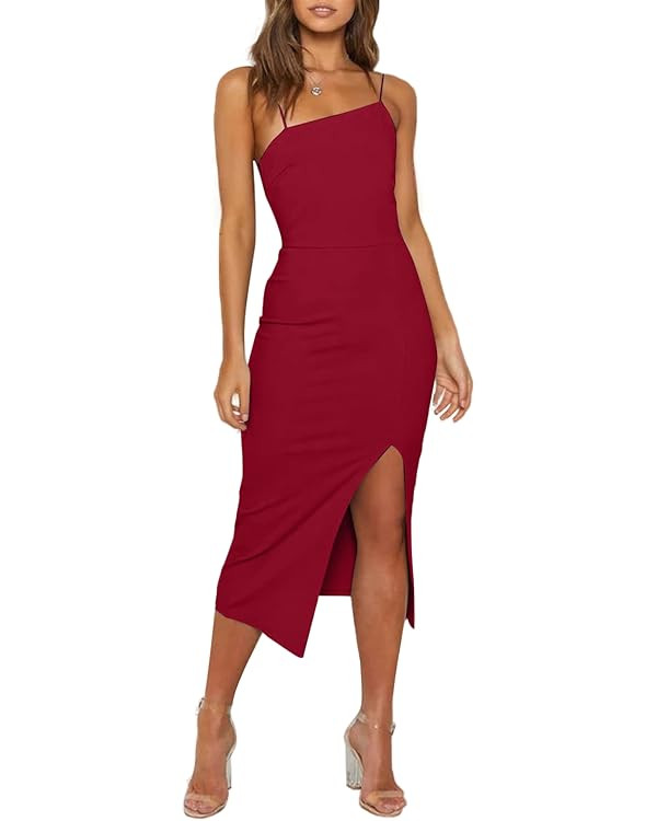 LYANER Women's Spaghetti Straps Split Hem Sleeveless Zipper Bodycon Midi Dress | Amazon (US)